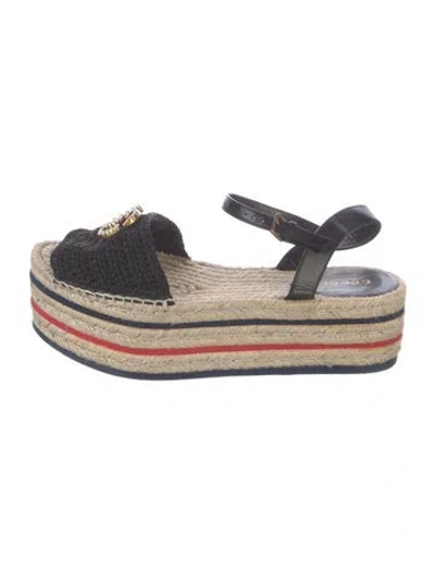 Pre-owned Gucci Double G Logo Straw Espadrilles In Black/neutrals