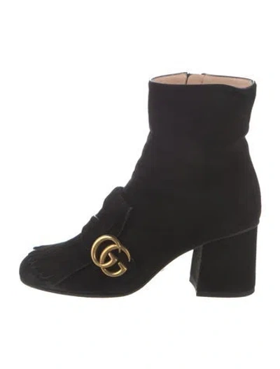 Pre-owned Gucci Double G Logo Suede Boots In Black