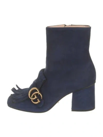 Pre-owned Gucci Double G Logo Suede Boots In Blue