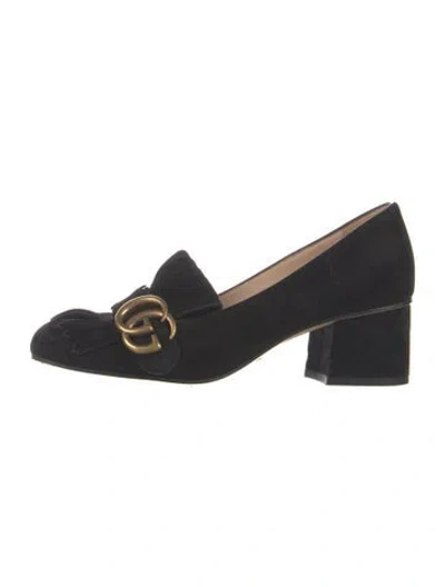 Pre-owned Gucci Double G Logo Suede Loafers In Black