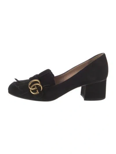 Pre-owned Gucci Double G Logo Suede Loafers In Black