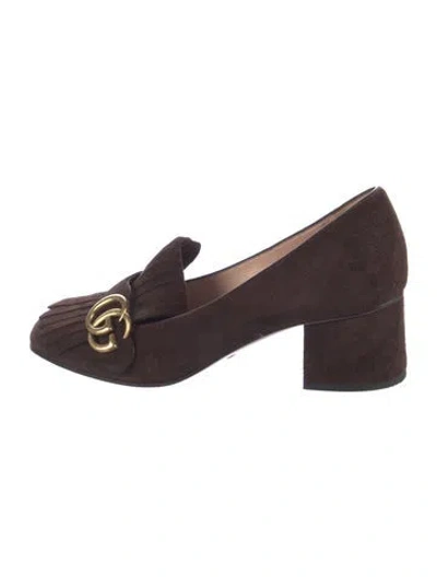 Pre-owned Gucci Double G Logo Suede Loafers In Brown