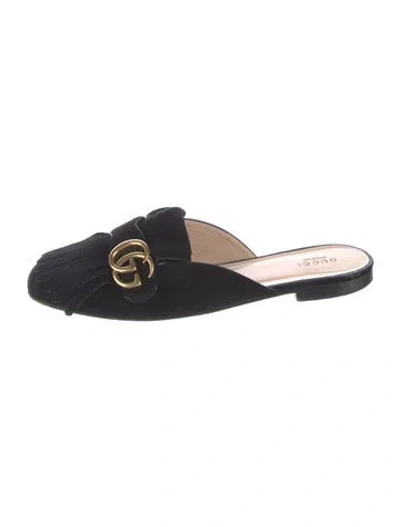 Pre-owned Gucci Double G Logo Suede Mules In Black