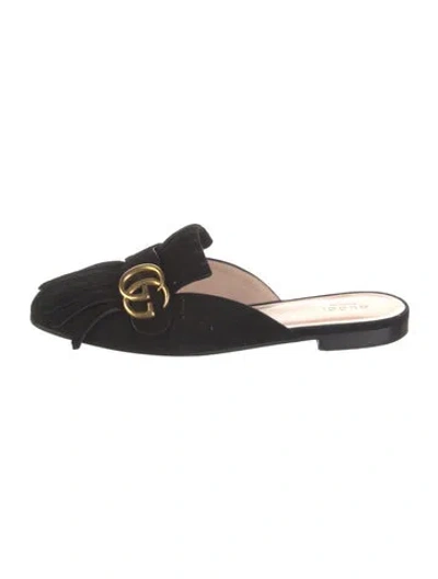 Pre-owned Gucci Double G Logo Suede Mules In Black