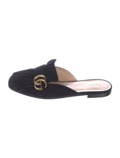 Pre-owned Gucci Double G Logo Suede Mules In Black