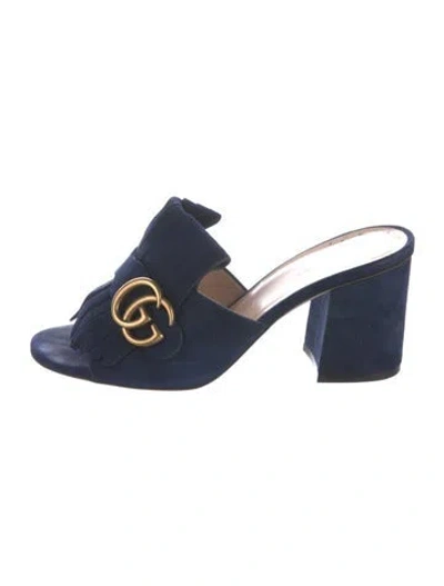 Pre-owned Gucci Double G Logo Suede Mules In Blue
