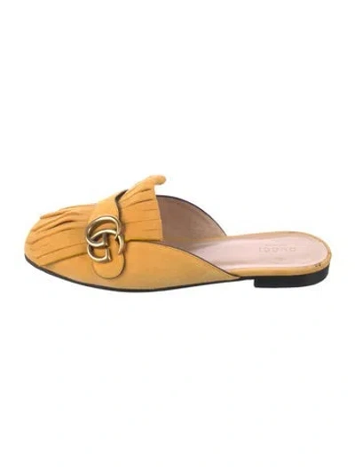 Pre-owned Gucci Double G Logo Suede Mules In Yellow