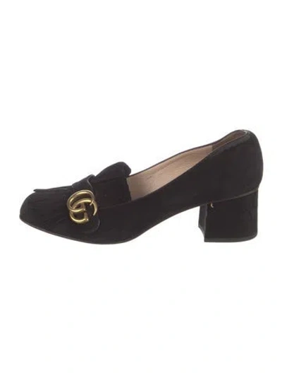 Pre-owned Gucci Double G Logo Suede Pumps In Black