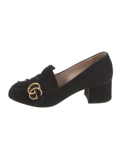 Pre-owned Gucci Double G Logo Suede Pumps In Black