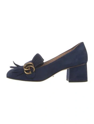 Pre-owned Gucci Double G Logo Suede Pumps In Blue
