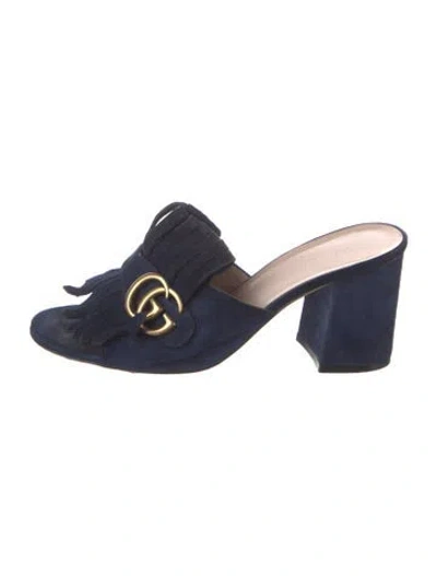 Pre-owned Gucci Double G Logo Suede Slides In Blue