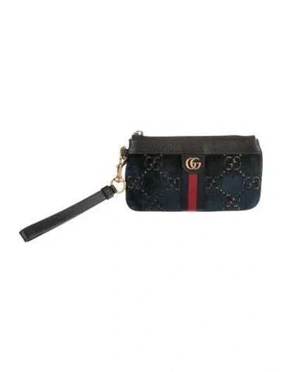 Pre-owned Gucci Double G Logo Velvet Wristlet W/ Tags In Blue
