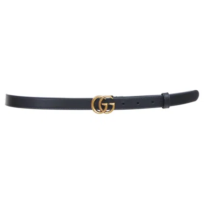 Pre-owned Gucci Double G Marmont Antique Gold Black Smooth Leather Thin Waist Belt 90cm