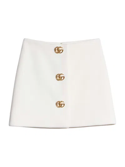 Gucci Double G Mini Skirt In Wool Crepe With Concealed Back Zip In White