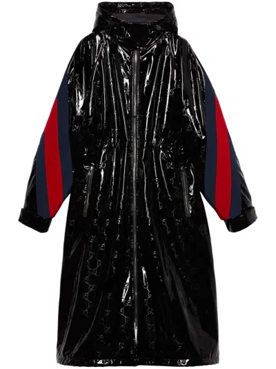 Gucci Womens Black Mix Monogram-pattern Side-stripe Shell Coat