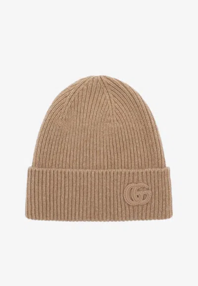 Gucci Double G-patch Ribbed Beanie Hat In Brown