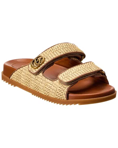 Gucci Double G Plaque Raffia Sandal In Brown