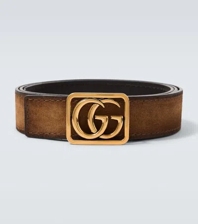 Gucci Double G Reversible Suede And Leather Belt In Brown