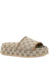 Gucci Women Beige Sandals With Leather Finishes And All-over Gg Motif In Fabric Woman In Brown