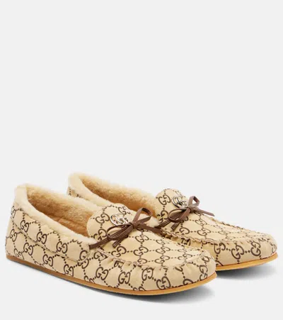 Gucci Double G Shearling-lined Suede Loafers In Sand