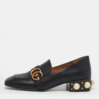 Pre-owned Gucci Double G Size 37 Black Leather Web Loafers