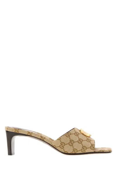 Gucci Double G Slider Sandals In Gg Canvas In Vintage Sand In Brown