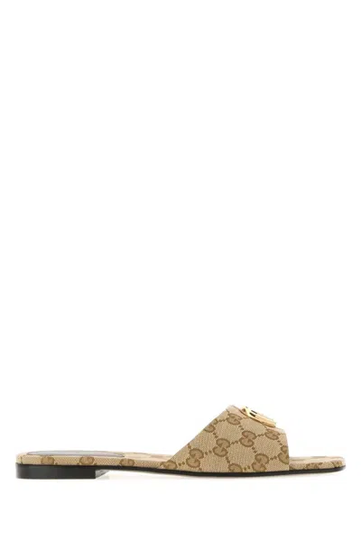 Gucci Double G Slides In Beige Sand Gg Canvas In Multi