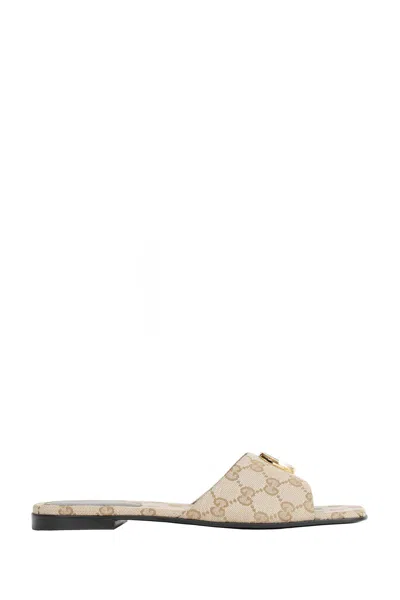Gucci Double G Slides In Beige Sand Gg Canvas In Neutral