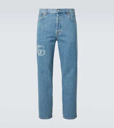 Gucci Light-blue Five-pcoket Jeans With Double G Detail On Front And Back In Cotton Man In Multicolor