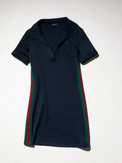 Gucci Double G Web Insert Polo Collar Mini Dress With Embroidery In Blu