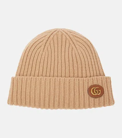 Gucci Womens Camel Double G Ribbed Wool-blend Knitted Beanie Hat In Beige
