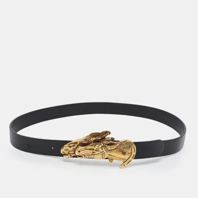 Pre-owned Gucci Double Horse Head 95cm Buckle Belt Black Leather