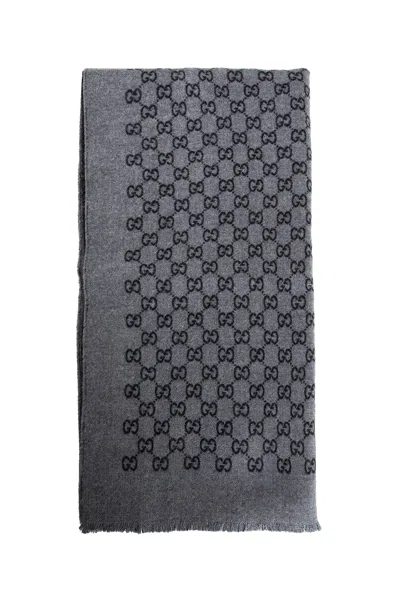 Gucci Double Jacquard Gg Wool Scarf In Gray