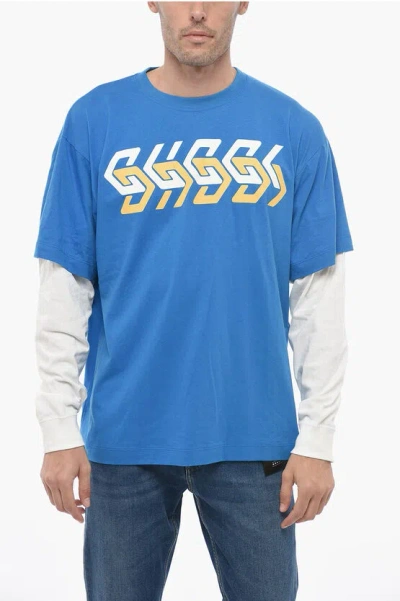Gucci Double-layered T-shirt With Monogram Print In Blue