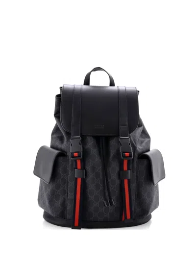Pre-owned Gucci Double Pocket Buckle Gg Coated Canvas Large Backpack In Black