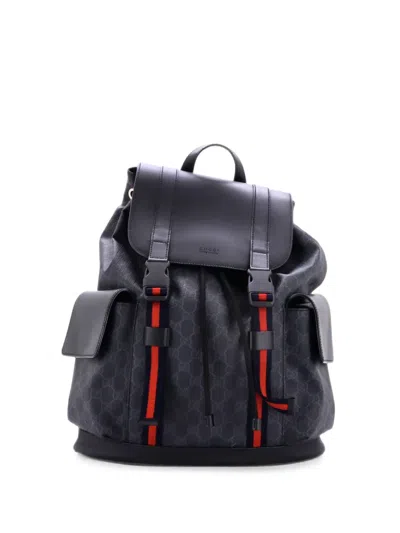 Pre-owned Gucci Double Pocket Buckle Gg Coated Canvas Large Backpack In Black