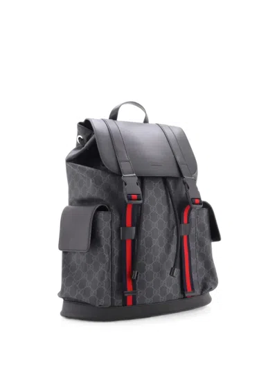 Pre-owned Gucci Double Pocket Buckle Gg Coated Canvas Large Backpack In Black
