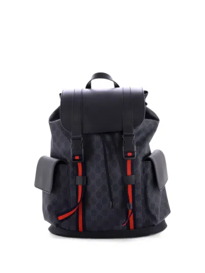 Pre-owned Gucci Double Pocket Buckle Gg Coated Canvas Large Backpack In Black