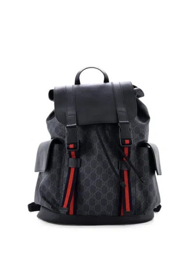 Pre-owned Gucci Double Pocket Buckle Gg Coated Canvas Large Backpack In Black