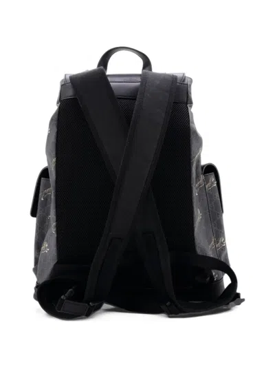 Pre-owned Gucci Double Pocket Buckle Printed Gg Coated Canvas Large Backpack In Black
