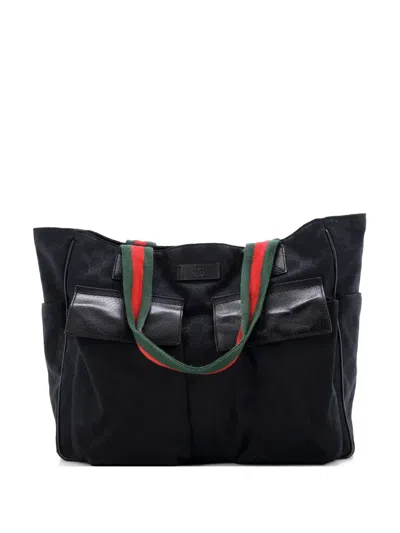 Pre-owned Gucci Double Pocket Web Handle Gg Canvas Medium Tote Bag In Black