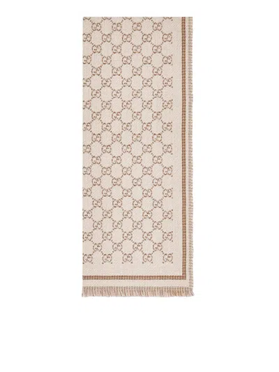 Gucci Double Side "gg" Wool Scarf In Nude