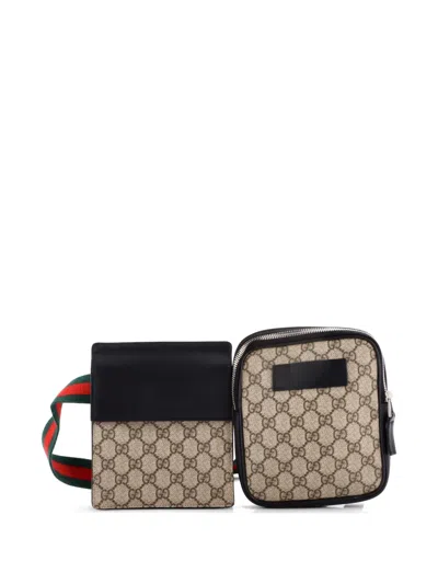 Pre-owned Gucci Double Web Gg Coated Canvas With Leather Belt Bag In Brown