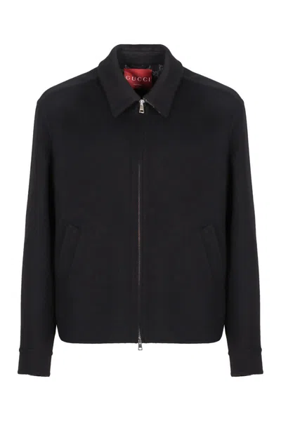 Gucci Men Black Jacket With Classic Collar And Web Motif On The Waist In Cotton Man
