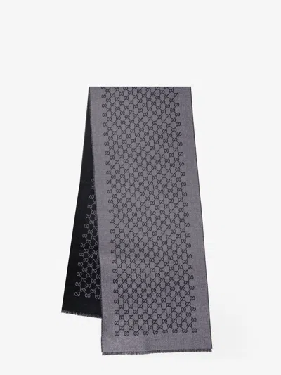 Gucci Double Wool Jacquard Scarf With Gg Motif In Gray