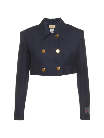 Pre-owned Gucci Double-breasted Cropped Jacket In Blue