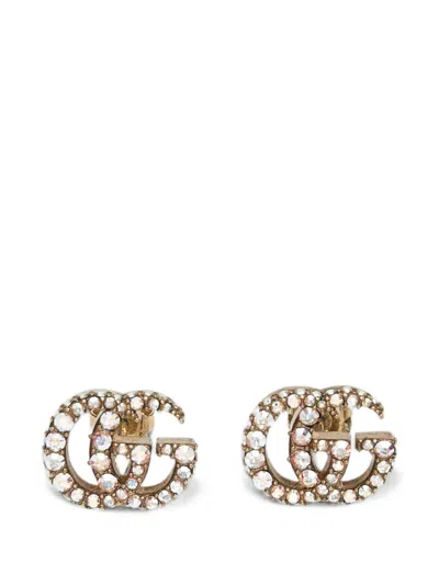 Pre-owned Gucci Double-g Crystal-embellished Earrings In Gold
