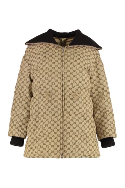 Gucci Down Jacket In Gg Fabric In Brown