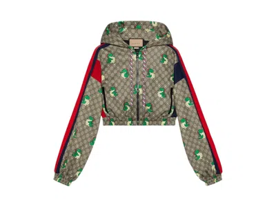 Pre-owned Gucci Dragon Print Cropped Jersey Jacket (women's) In Ebony In Black