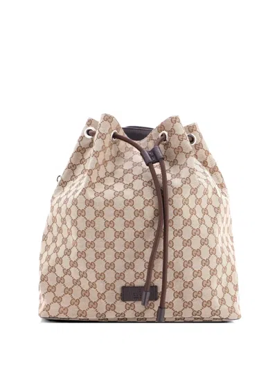 Pre-owned Gucci Drawstring Gg Canvas Medium Backpack In Brown